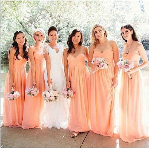 Flowing A Line Sweetheart Long Chiffon Peach Pink Bridesmaid Dress Maid of Honor Dress Vestido de madrinha Plus Size