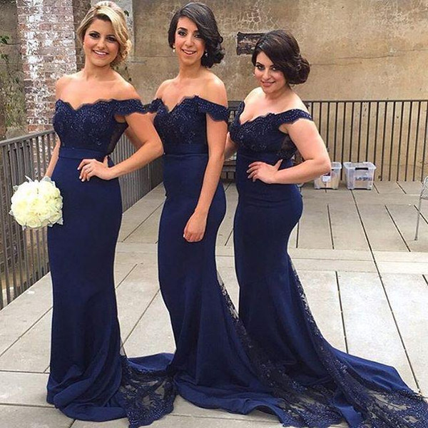 Navy Blue Mermaid Long Bridesmaid Dresses With Lace Applique Bead Off-Shoulder Sheer Illusion Back Sexy Evening Prom Gowns 2016 New Cheap