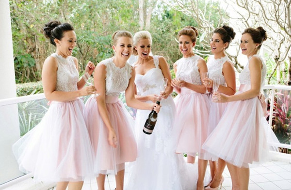 Lace Knee Length Bridesmaid Dresses 2015 High Neck Short Wedding Party Dresses with Sash Maid of Honor Dress Under 100