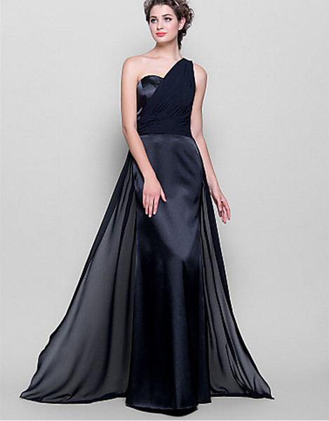 Black Column One Shoulder Chiffon and Elastic Satin Floor-length Formal Evening Dresses Bridesmaid Dress