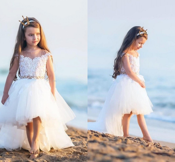New Hi-Lo Ball Gown Flower Girl Dresses Sheer Jewel Neck Appliques Beaded Sweep Train Tulle Short Cute Girls Pageant Party Gowns Cheap