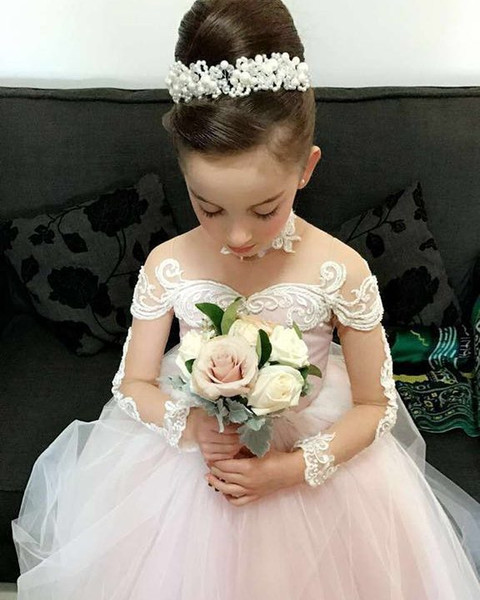 Lovely Pink Tulle Long Sleeves Flower girl Dresses with long train Sheer jewel neck lace appliques first Communion Dress with bow