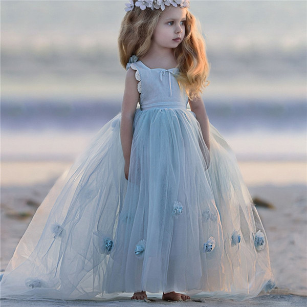 ball gown Flower Girl Dresses for beach Wedding Serenity blue Princess Tutu Hand made flower 2017 Vintage square Child First Communion Dress