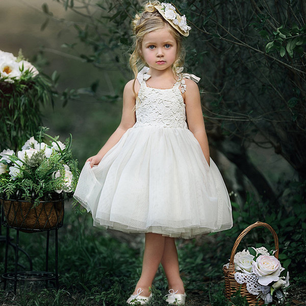 Lace Flower Girl Dresses For Summer Garden Weddings Knee Length spaghetti straps Ivory Kids Formal Wears Girls Birthday Pageant Dresses