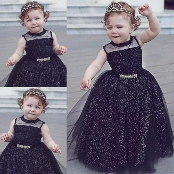 Cheap Black Baby Girl Pageant dresses ball gown Sparkly Polka Dot print Flower Girl Dresses For Weddings Children First Communion Dresses