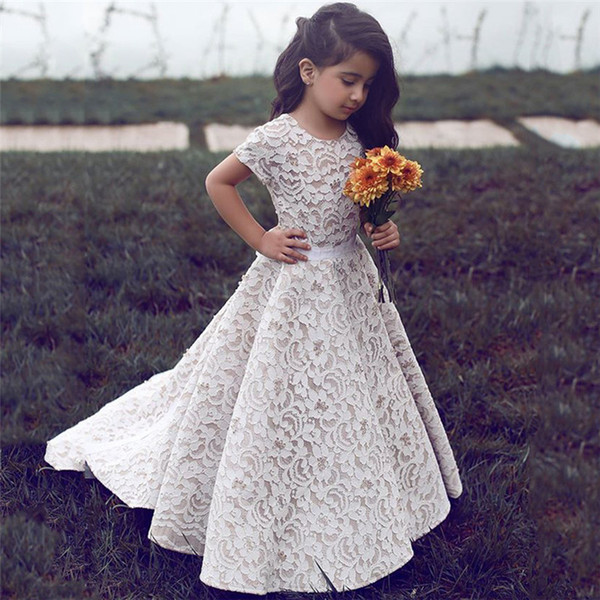 Cheap Vintage Lace short sleeves white Flower Girl Dresses Jewel neck A-Line Girls Pageant Dress Kids Birthday Prom Dress Formal Wear