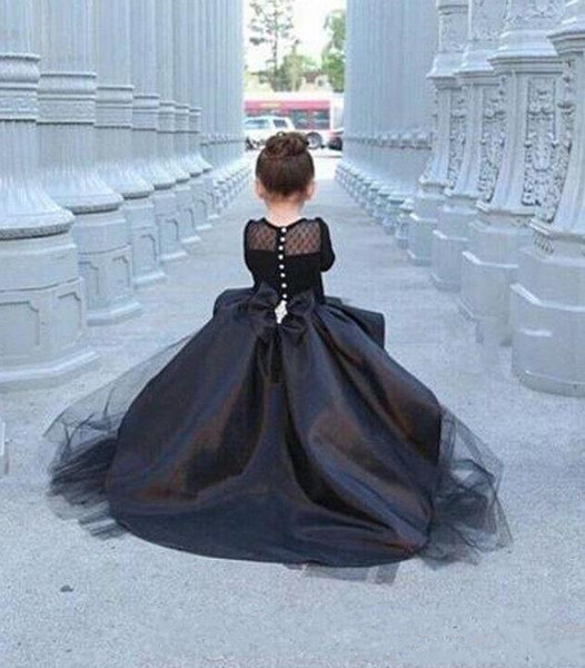 2017 high low black flower girl dresses with long sleeves Little Girls Pageant Dresses Jewel Formal Communion Dresses Ball Gowns Vestidos