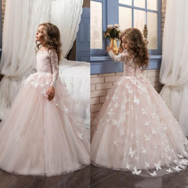 Blush Ball Gown Flower Girl Dresses Jewel Hand Made Full Butterfly Appliques Long Sleeve Pageant Dress Gowns for Custom Made