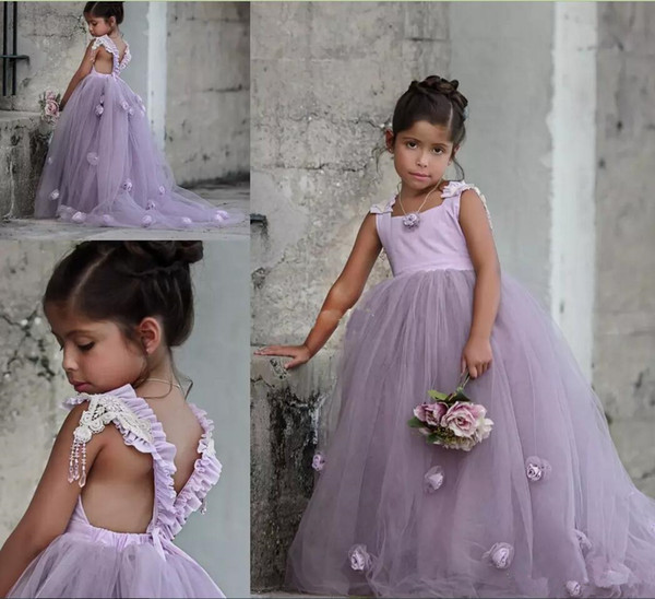 Lavender Princess Flower Girl Dresses Ball Gown cape sleeves sweep Train Girls Pageant Dresses With handmade flowers For Wedding Party