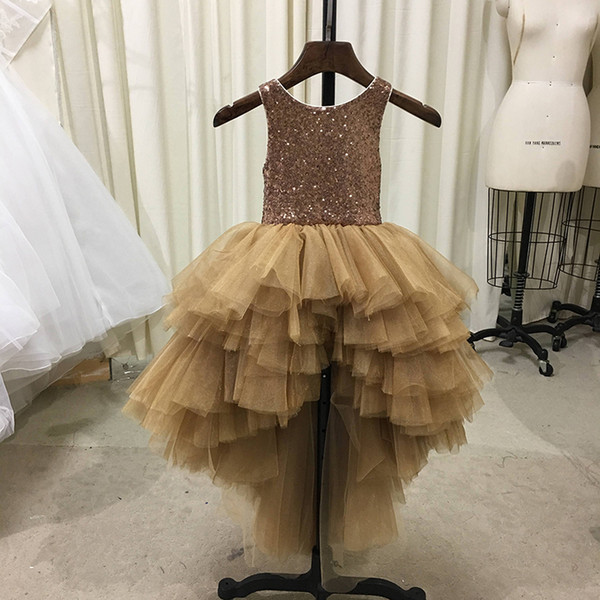 New designer gold flower girl dress for wedding tutu tulle skirt jewel Vintage Girls Pageant Dresses high low Birthday Party Dresses