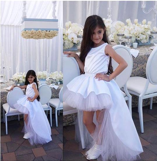 Lovely White High Low Flower Girl Dresses Princess A Line Jewel Neck Tulle Tutu Short Kids Toddler Pageant Gowns Birthday Prom Party BC1953