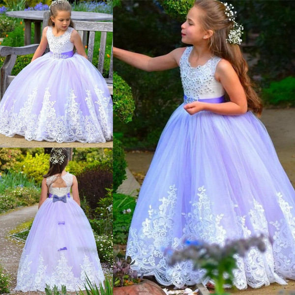 Light Purple Flower Girl Dress For Western Garden Weddings Princess Crew Neck Beads Appliques Backless Long Kids Birthday Communion Dress