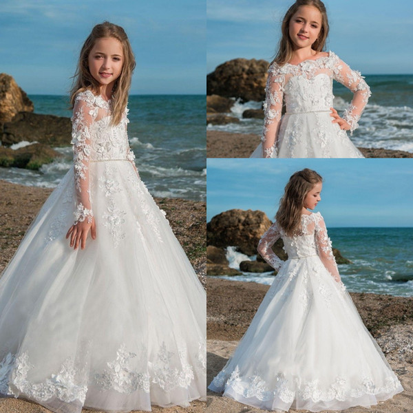 Beach Princess Jewel Lace Appliqued Flower Girl Dresses Cap Sleeves Court Train Kids Flower Girls Pageant Gowns