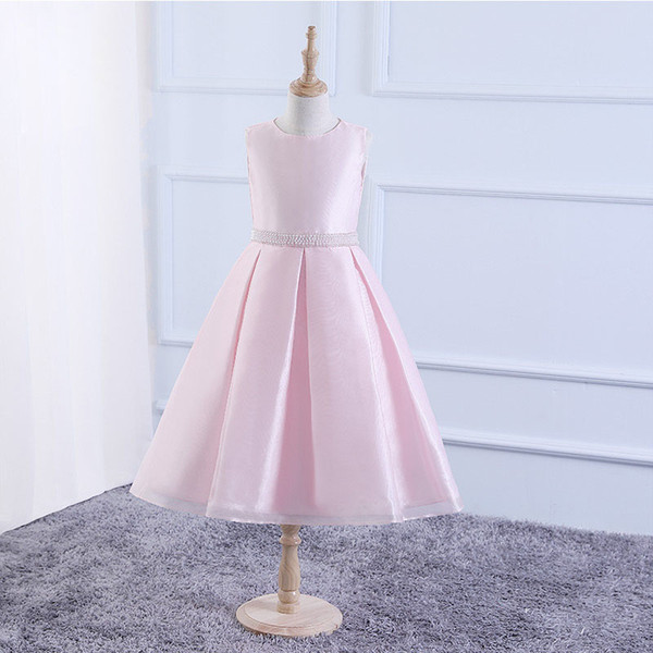 Lovely Pink Flower Girls Dresses Satin with pearls Beading ZipperBack Ankle Length girls Party Dresses Cheap