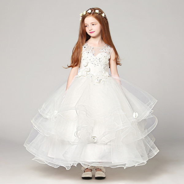 Ankle Length Flower Girls Dresses High Quality Zipper Back Scoop Sheer with Applique Sequins Girls Party Dress Cheap