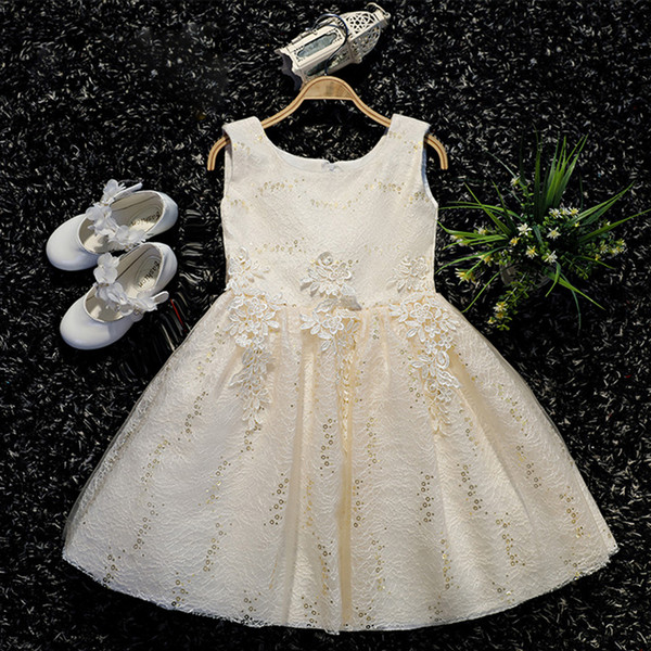 2017 Champagne Flower Girls Dresses Lace with Applique Shining Sequins Ankle length Girls Party Dresses Zipper Back Cheap