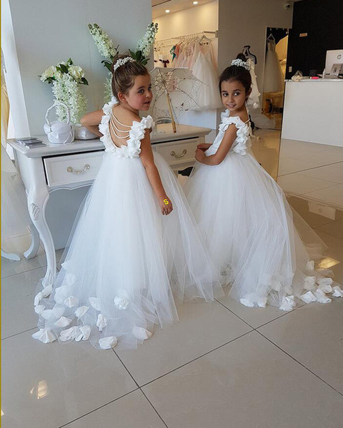 ivory Stunning Flower Girls Dresses with Pearls Floor Length girls Party Dresses Hand Made Flowers 2017 New Arrival
