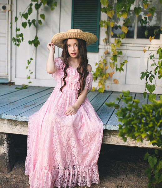 Boho Pink Lace Flower girls Dresses Strapless Sweep Train Lace Flower Girls Dress New Arrival Cheap