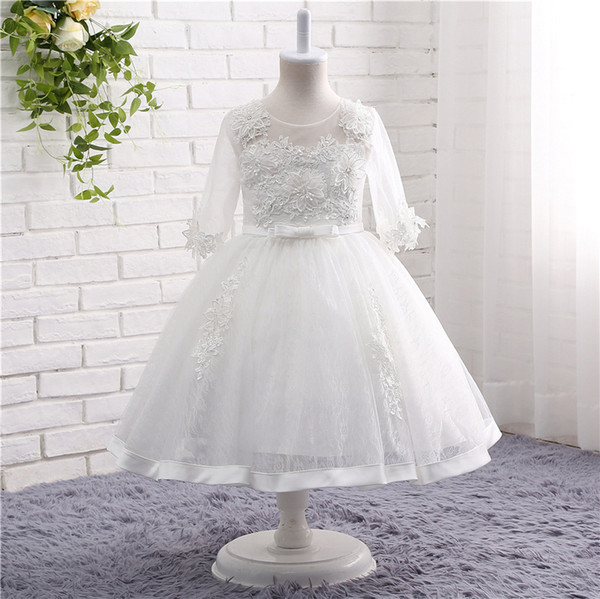 High Quality Lace Flower Girls Dresses Ball Gown Tea Length Crew 3/4 Long Sleeves Organza Applique Sequins Beads Girls Communion Dress