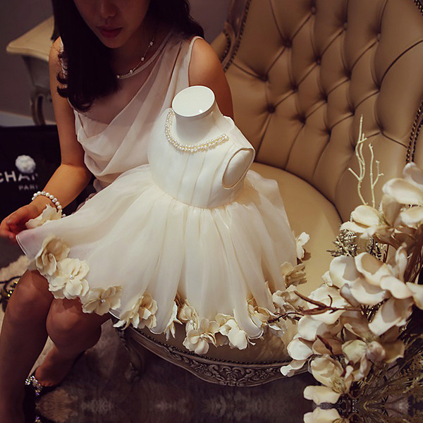 Beige Flower Girls Dress New Arrival Ball Gown Tea Length Tulle with Applique Beads Flower Girl Dress