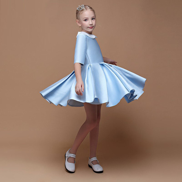 Little Queen Light Blue Satin Girl's Party Dress Knee Length 1/2 Sleeve Style Good Quality Child Birthday Gown Communion Dress