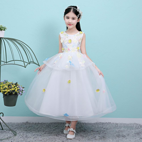 Tea Length Colorful Flowers Girl Dress White Tulle Ball Gown Party Dress Professional Designer Pageant Gown Zip Back