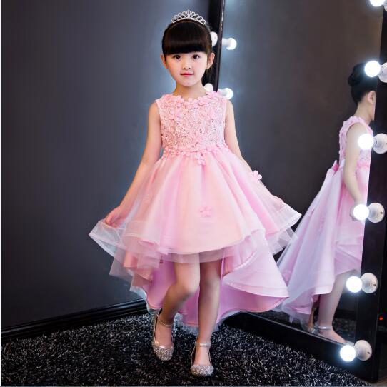 High-Low Design Pink Tulle Lovely Girls' Dresses Lace Flower Party Dress Professional Designer Pageant Gown Zip Back