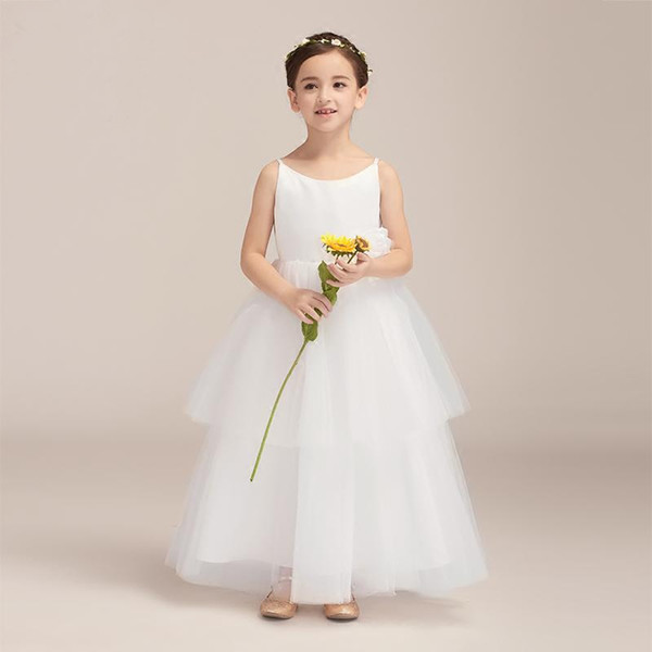 Simple Design Thin Straps Ball Flower Dress Girls With Handmade Flower White Tulle Zip Back Children Gown