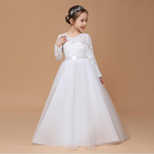 White Tulle Lace Wedding Girls' Dresses Floor Length Good Quality First Communion Dress Long Sleeves