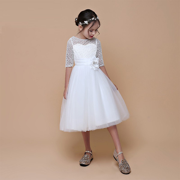 1/2 Sleeve White Tulle Wedding Girls' Dresses Competitive Price Tea Length Popular Dress Spring