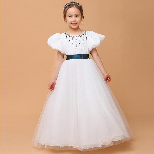 Little Queen White Flower Dress Girls Cap Sleeves Tulle Floor Length Children Gown With Beads 