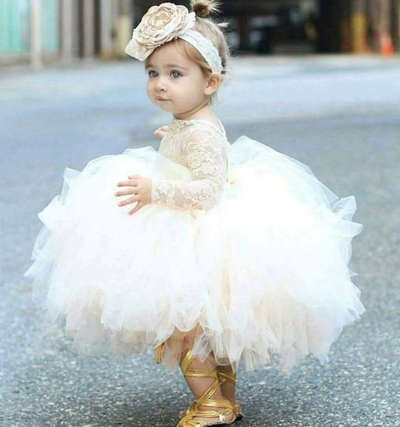 Vintage Flower Girls' Dresses Ivory Baby Infant Toddler Baptism Clothes With Long Sleeves Lace Tutu Ball Gowns Birthday Party Dress