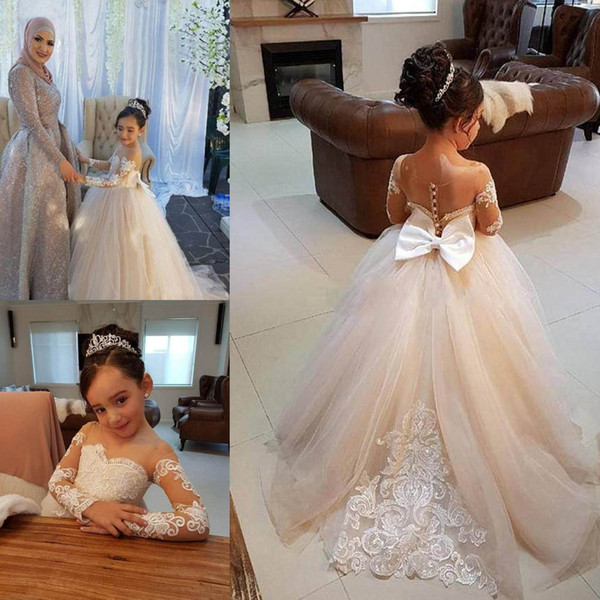 Latest Cute Jewel Flower Girl Birthday Dresses Ball Gown Sheer Neck Long Sleeve With Lace Applique Kids Girls Pageant Dresses