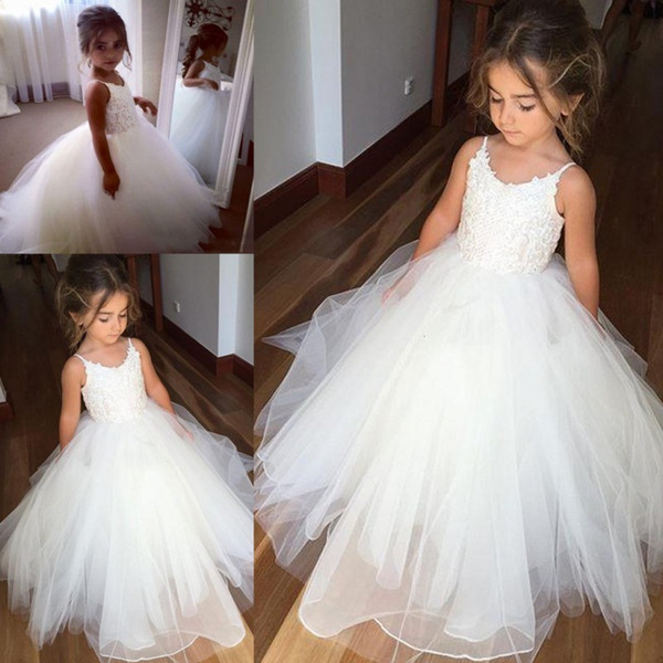 Cheap Spaghetti Lace And Tulle Flower Girl Dresses For Wedding White Ball Gown Princess Girls Pageant Gowns Children Communion Dress