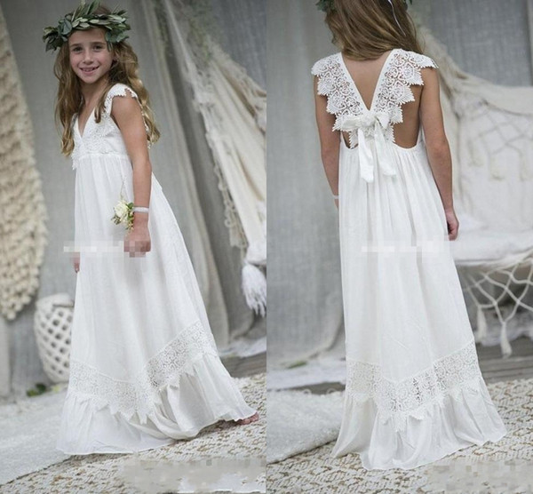 New Arrival Boho Flower Girl Dresses For Weddings Cheap V Neck Chiffon Lace Child Communion Formal Beach Wedding Dress Custom Made