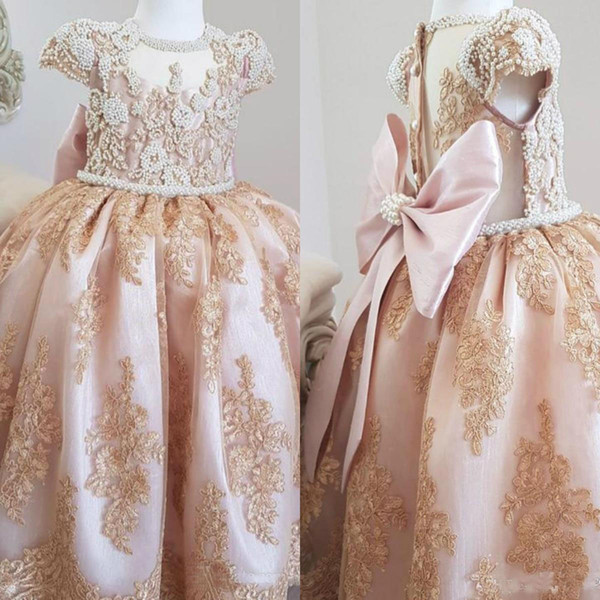 Luxurious Pearls Lace Flower Girl Dresses Short Sleeves Little Girl Wedding Guest Dresses Vintage Pageant Party Gowns