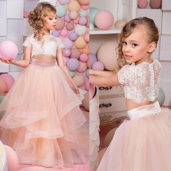 2019 Vestidos Primera Comunion Two Piece Ball Gown Flower Girl Dress Lace Toddler Glitz Pageant Dresses Pretty Kids Prom Gown