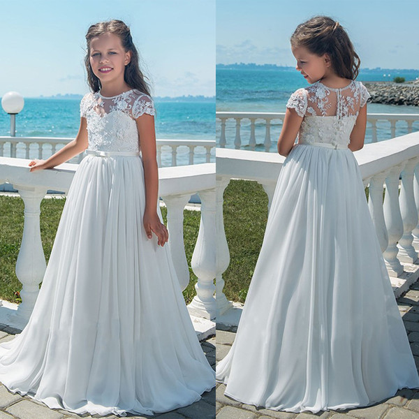 Girls Long Chiffon Flower Girl Dresses Bridesmaid Party Pageant Dresses A-Line Lace Flower Girls Gowns White First Communion Dress