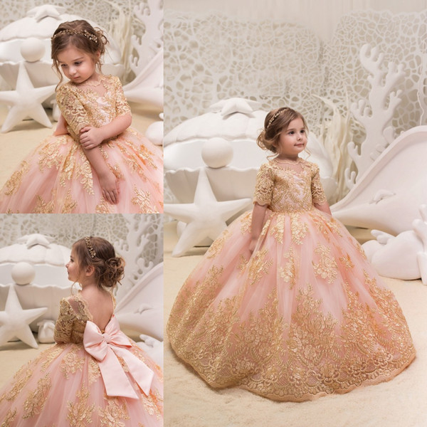 Blush Pink Ball Gown Flower Girls Dresses For Weddings Half Sleeve Lace Appliqued Kids Formal Wear Tulle Communion Dress