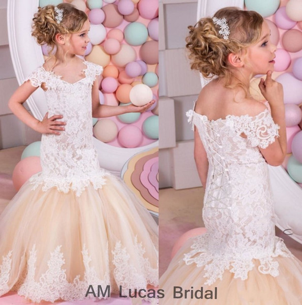 2019 New Mermaid Lace Flower Girl Dresses for Weddings Champagne Tulle Baby Girl Communion Dresses Children Girl Pageant Gown