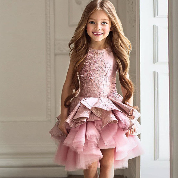 Gorgeous Pink Flower Girl Dress For Wedding Toddler A-line Knee Length Pageant Dress Christmas Ruffles Girls First Cummuiion Dress