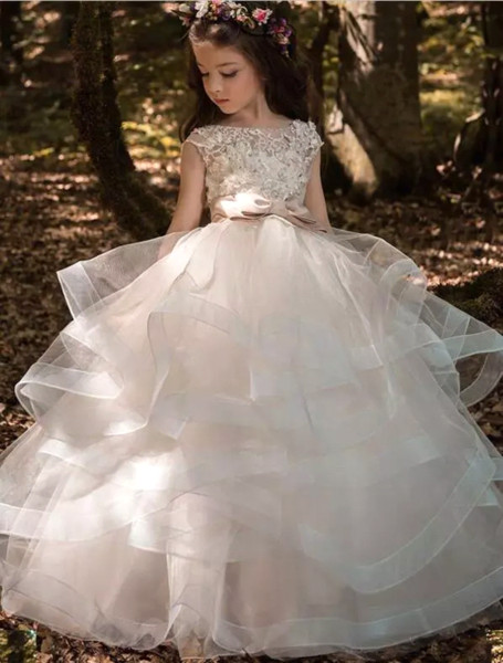 Cap Sleeves Tulle Ruffles Skirt A Line Flower Girls' Dresses Lace 3D Floral Beaded Bow Sash Hollow Back Girls' Dresses BA7652