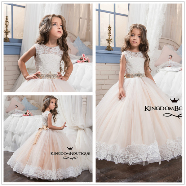 New Cute Crew Neck Lace Ball Gown Flower Girl' Dresses Tulle Applique Beaded Little Girls 'Wedding Party Dresses With Beaded Sash