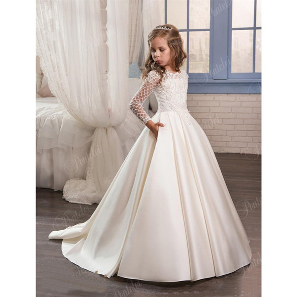 2018 New Dresses for Little Girls Pentelei Cheap with Long Sleeves and Pockets Appliques Satin Ivory Party Flower Girl Dresses