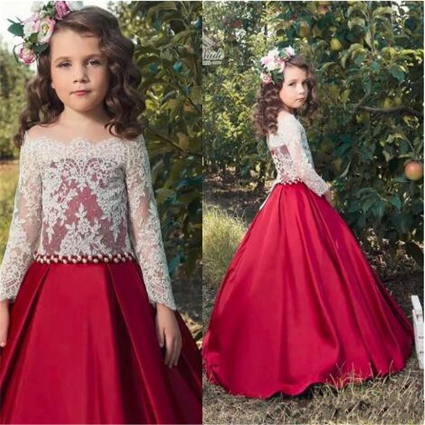 Adorable White Lace Crop Red Satin Flower Girl Dresses For Wed Skirt Long Formal Kids Party Birthday Communion Dress Toddler Pageant Gowns