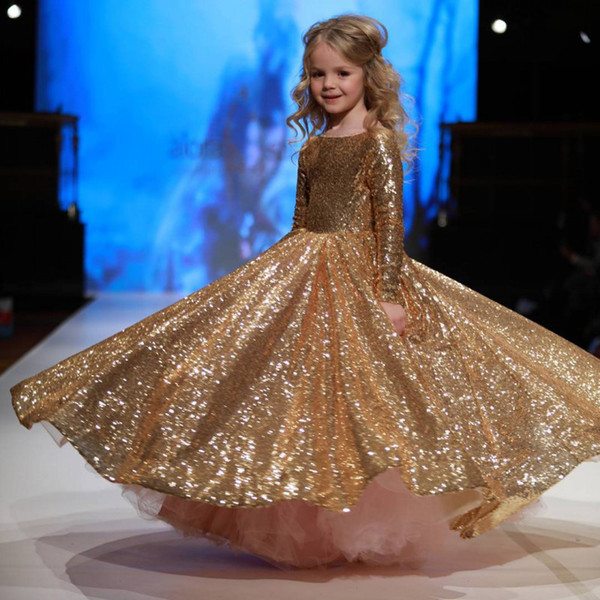 Gold Sequin Tulle Flower Girl's Dresses Lace Floor Length Girl Birthday Gown Long Sleeve First Communion Forml Pageant Dresses