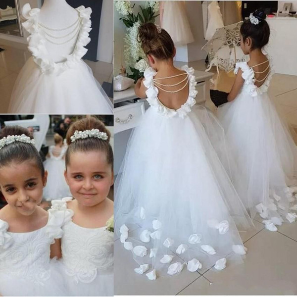 Newest Sweet Sleeveless Flower Girl Dresses Lace Dress Appliques A Line Tulle Sweep Train Girls' Pageant Dresses With Pearls