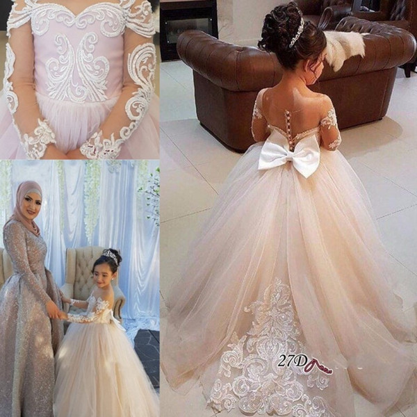 Cute Blush Pink Flower Girls Dresses Long Sleeve Lace Applique Bow Sheer Neck Pageant Dress Custom Made Communion Gowns