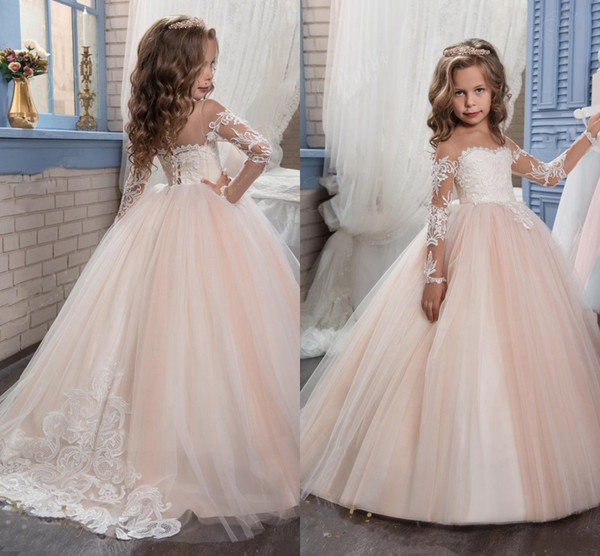 2019 New Cheap Flower Girls Dresses For Weddings Jewel Neck Long Sleeves Lace Blush Pink Birthday Dress Children Party Kids Girl Ball Gowns