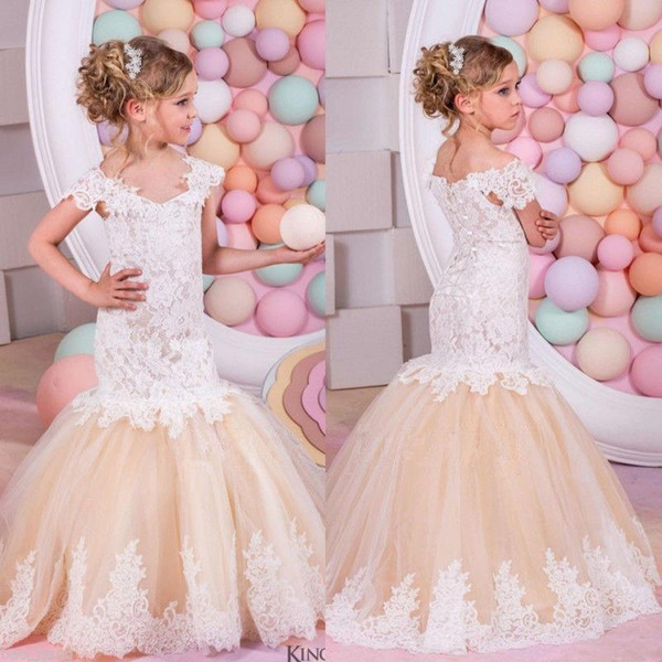 White/Ivory/Champagne Lace Flower Girl Dresses Lace Mermaid Princess Birthday Party Ball Gowns Custom Made Formal Occasion